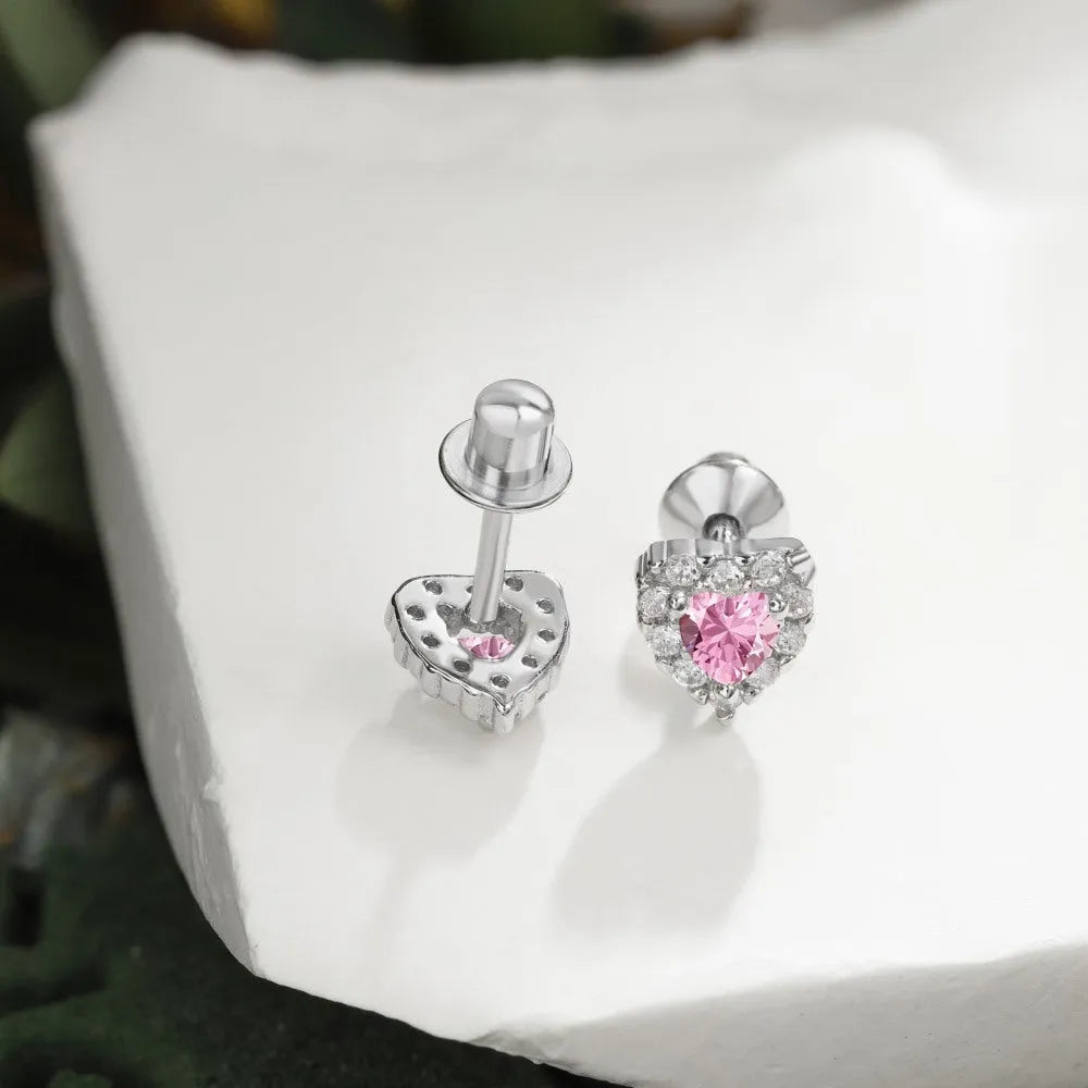 925 silver heart shaped stud earrings with diamond zircon in white colour, light luxury design for women