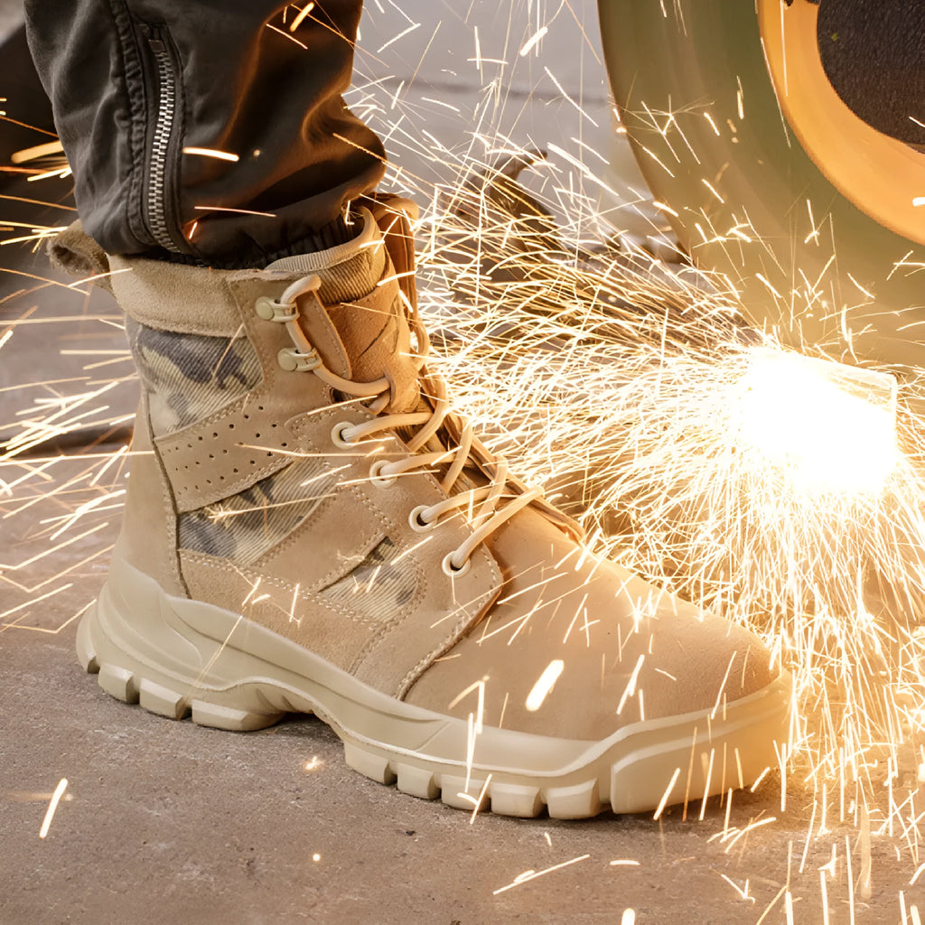 Khaki suede high-top combat boots with steel toe caps and lace-up closure for outdoor protection