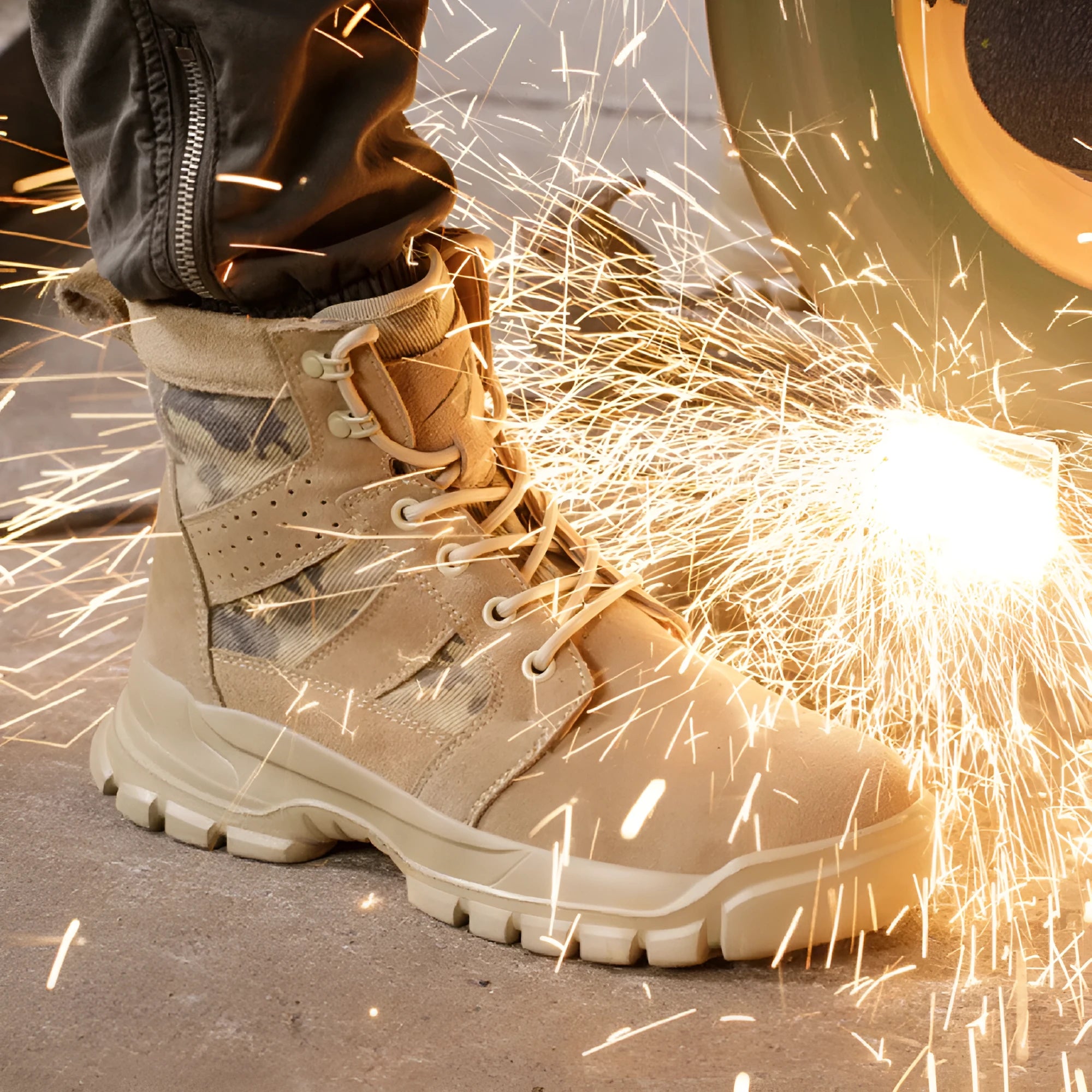 Khaki suede high-top combat boots with steel toe caps and lace-up closure for outdoor protection