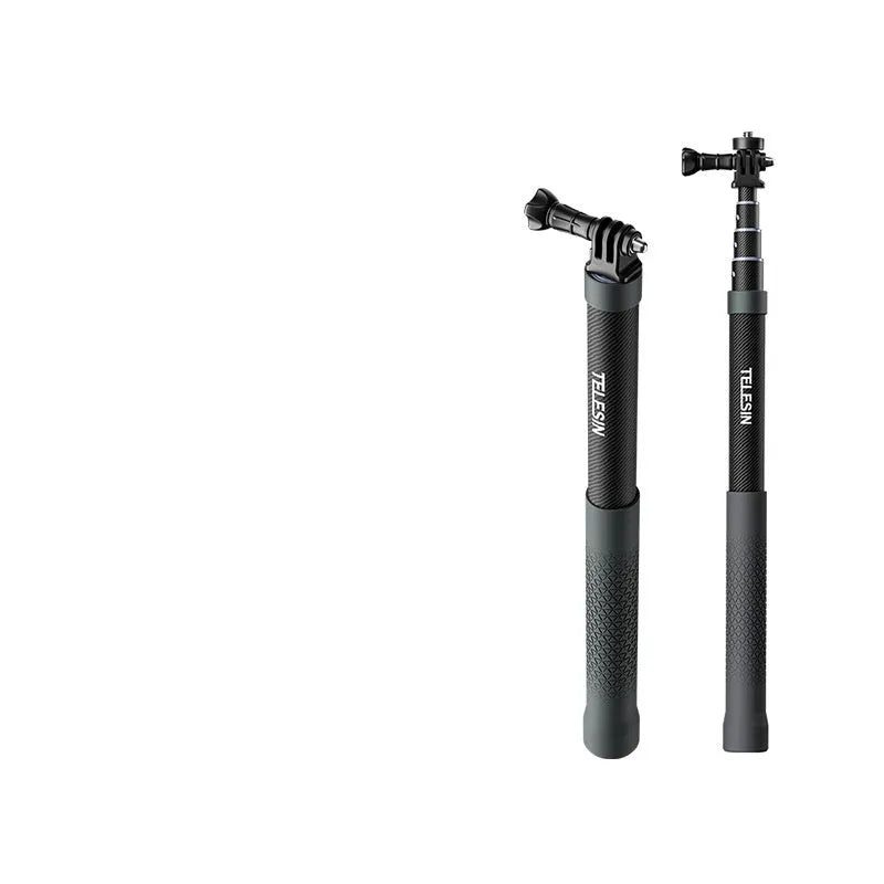Extendable carbon fibre selfie stick collapsed to 32cm and extended to 120cm showing aluminium alloy shaft and silica gel handle for GoPro Insta360