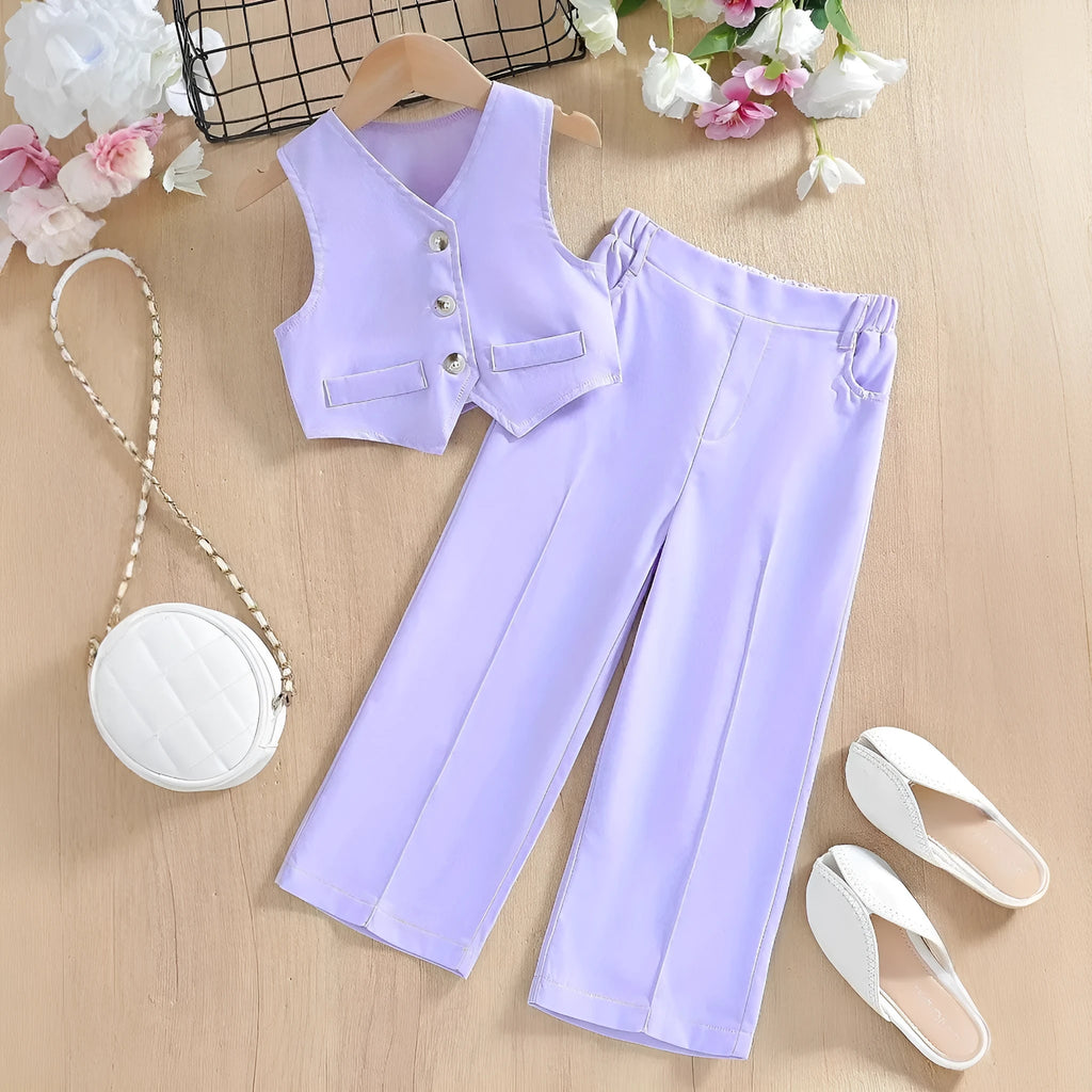 Children's summer casual solid colour polyester vest two-piece set for girls in light blue