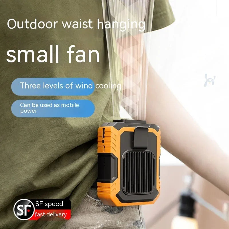 Green wrist-mounted fan with blades, LED light, and USB charging port on a silicone strap.