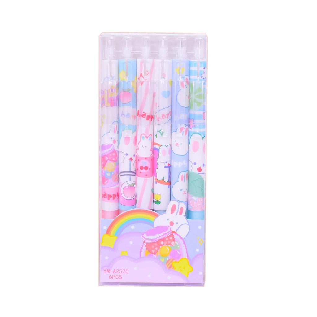 Cartoon bunny themed 0.5mm black ink pen set with six plastic shell pens for student stationery