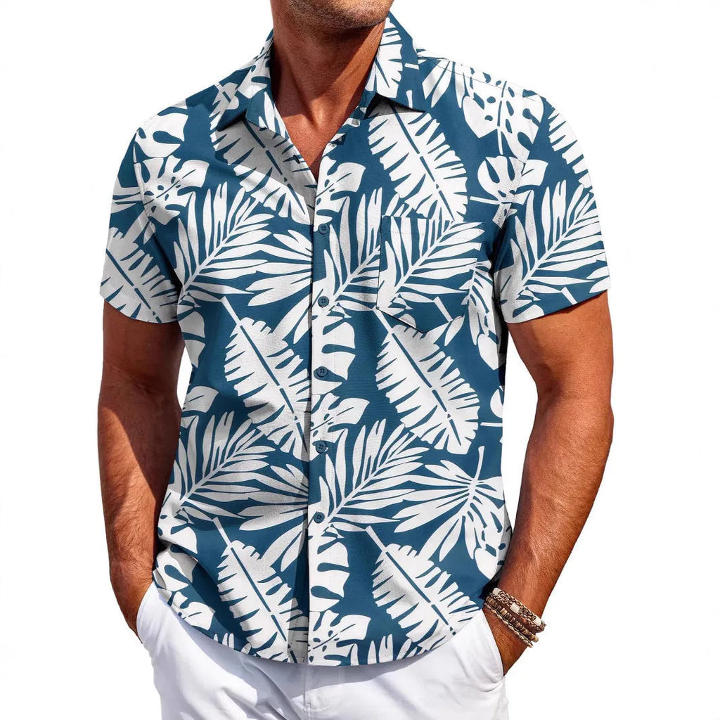 Men's slim fit cardigan style shirt with short sleeves in four-sided elastic polyester fabric