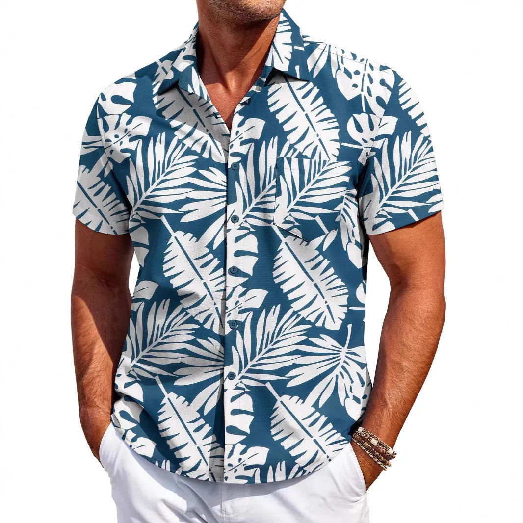 Men's slim fit cardigan style shirt with short sleeves in four-sided elastic polyester fabric