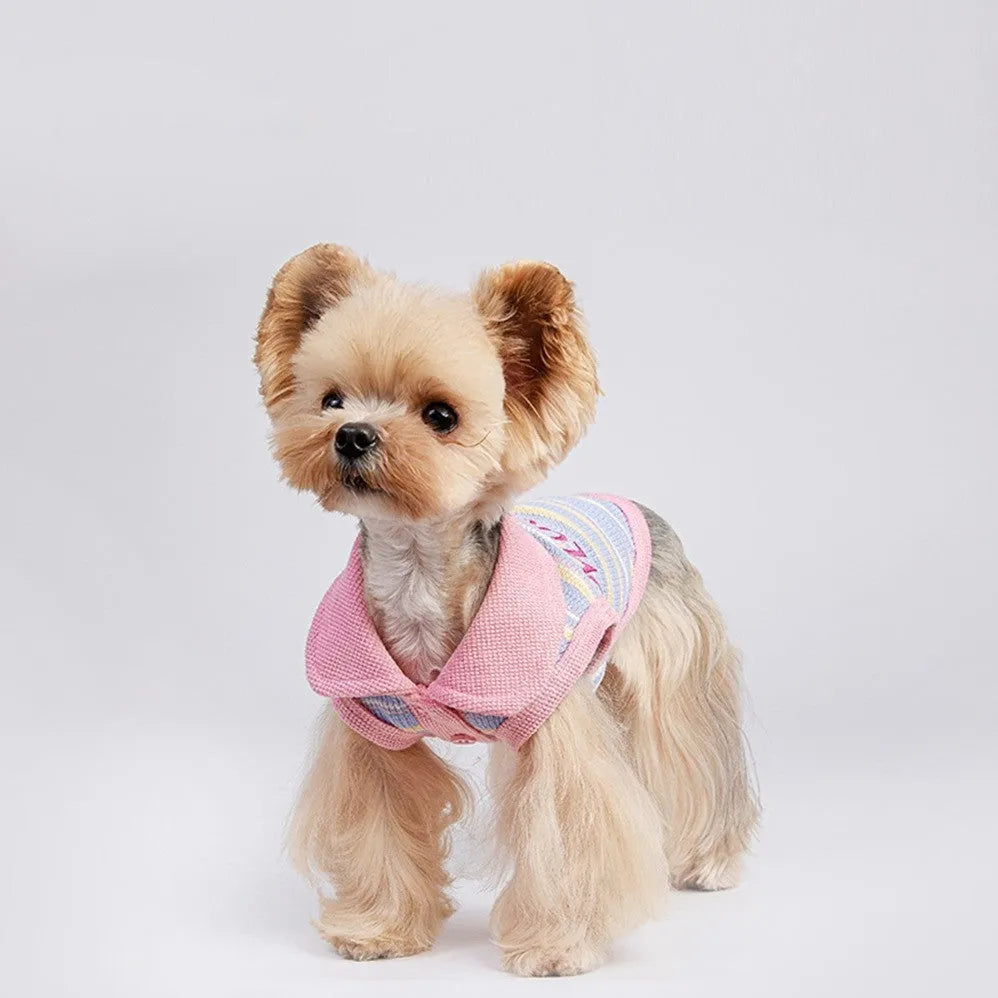 Pink purple vest for a small dog or cat, shown on a mannequin, with a size chart for pets 1.5kg to 14kg.