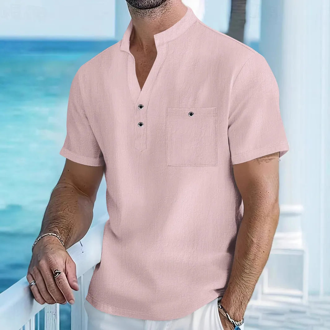 Men's light blue linen stand collar short sleeve t-shirt shown on a model, loose fit.