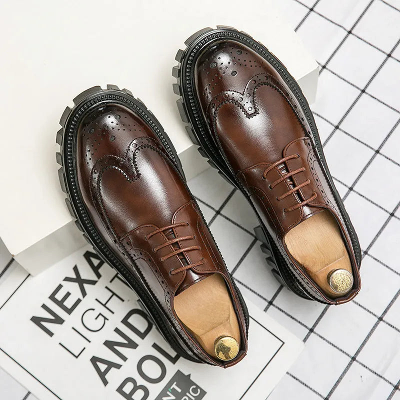 Men's black and brown brogue shoes with round toe design and artificial PU upper