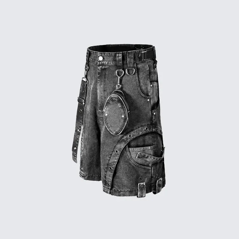 Retro style loose fit high waist denim shorts in knitted cotton fabric