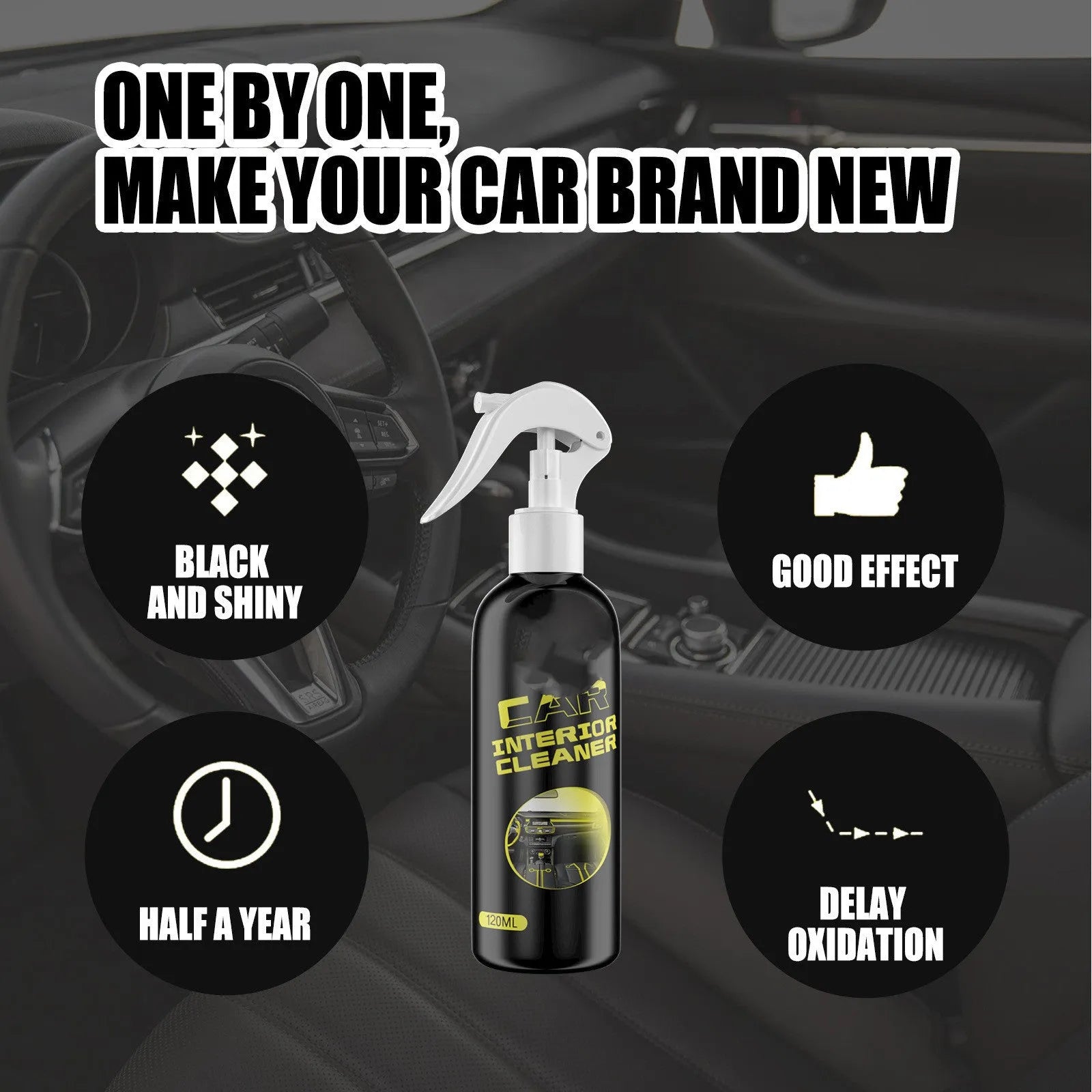 120ml bottle of car interior cleaner for leather and plastic dashboard maintenance.