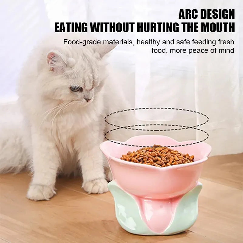 Blue ceramic raised pet bowl with floral pattern and non-slip base for cats or small dogs.