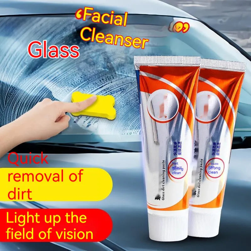 White bottle of 65ml car windscreen descaling paste and sponge mop for cleaning oily glass stains