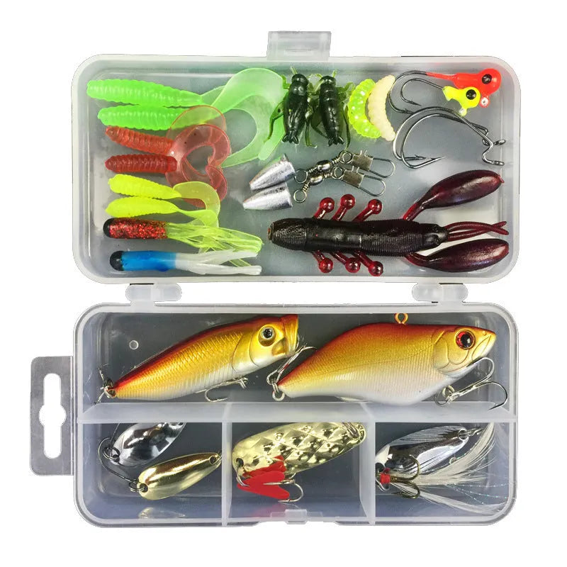 Fishing lure suit in PP plastic tackle box containing colour thread and thunder frog lures