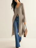 Khaki women's long sleeve cardigan coat with button-front closure in a retro French style.