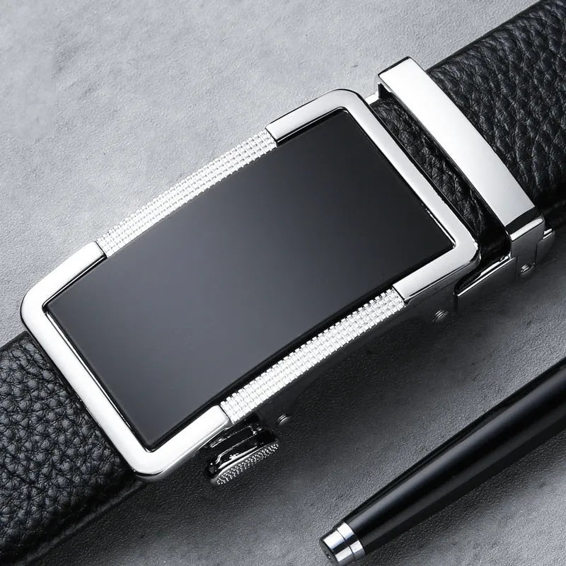 Men's automatic buckle leather belt in gold, gun black, or silver with alloy buckle