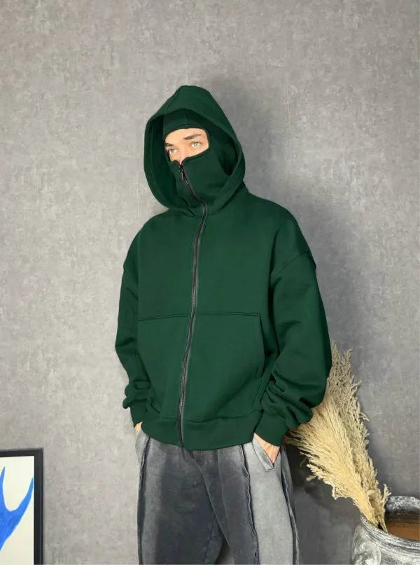 Men's solid colour loose polyester hoodie with double-layer masked hood and zip front, shown in black