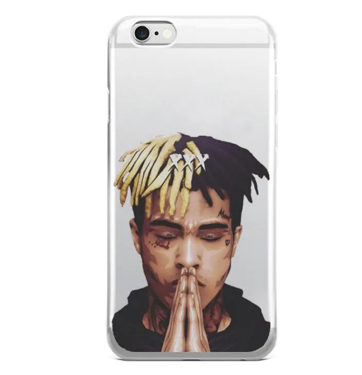 Transparent matte iPhone case with Xxxtentacion pattern, shown on an iPhone.