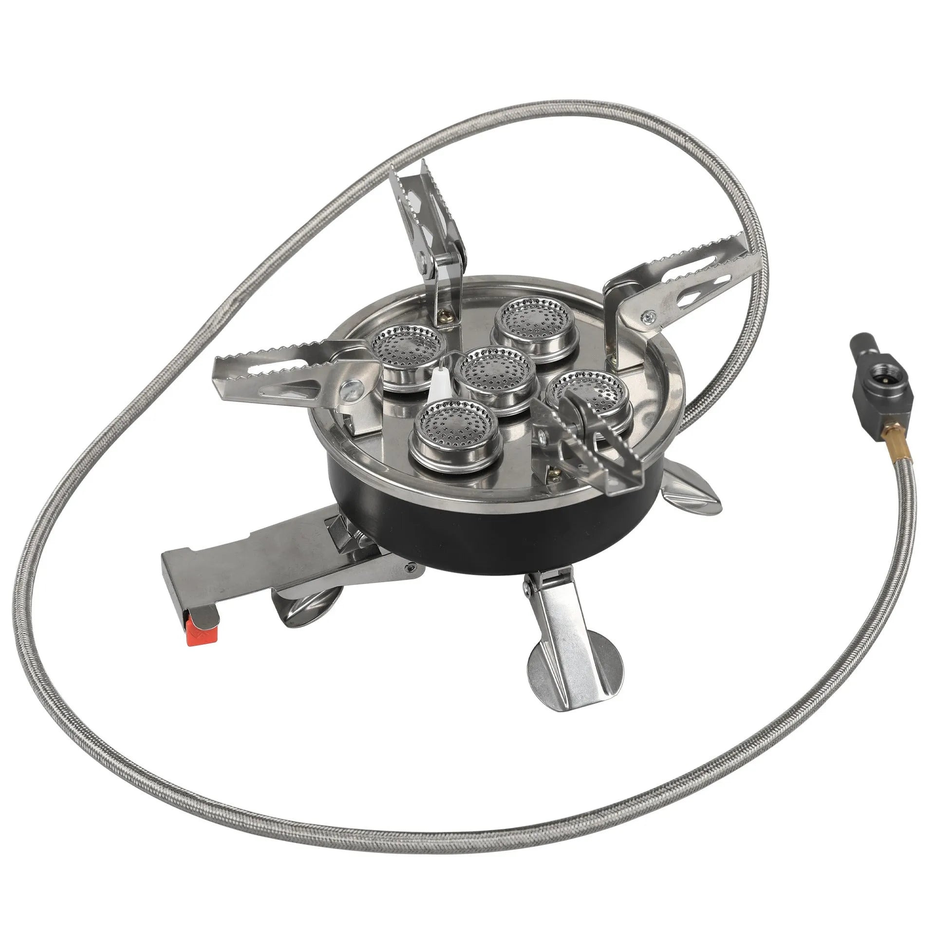 Silver stainless steel and copper portable split camping stove with foldable design and 100cm hose