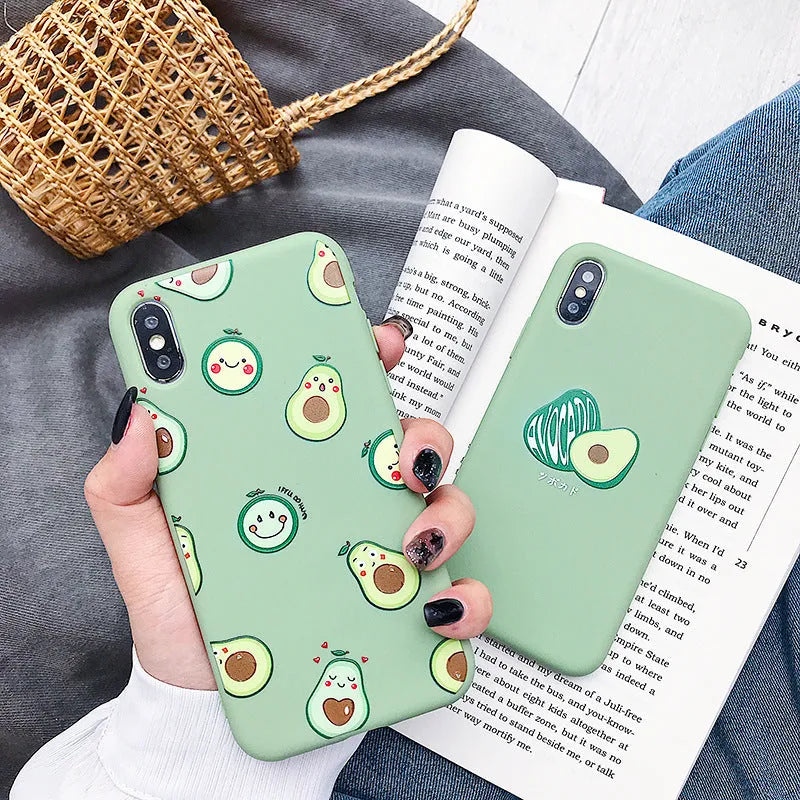 Avocado cartoon design TPU iPhone case showing back cover with painted artwork compatible with multiple iPhone models