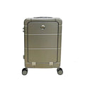 20-inch front-opening ABS PC suitcase in black showing cup holder and universal wheels.