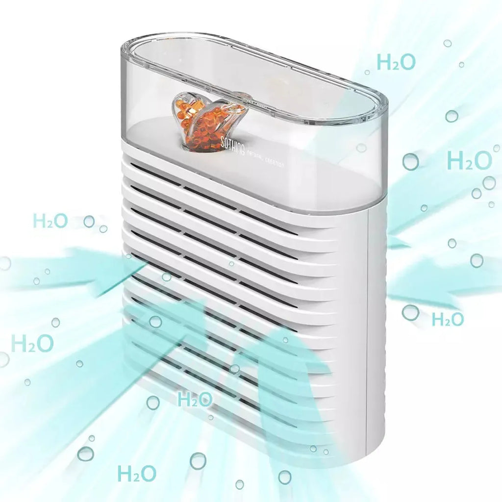 White recyclable cabinet dehumidifier box with transparent top showing orange silica gel beads