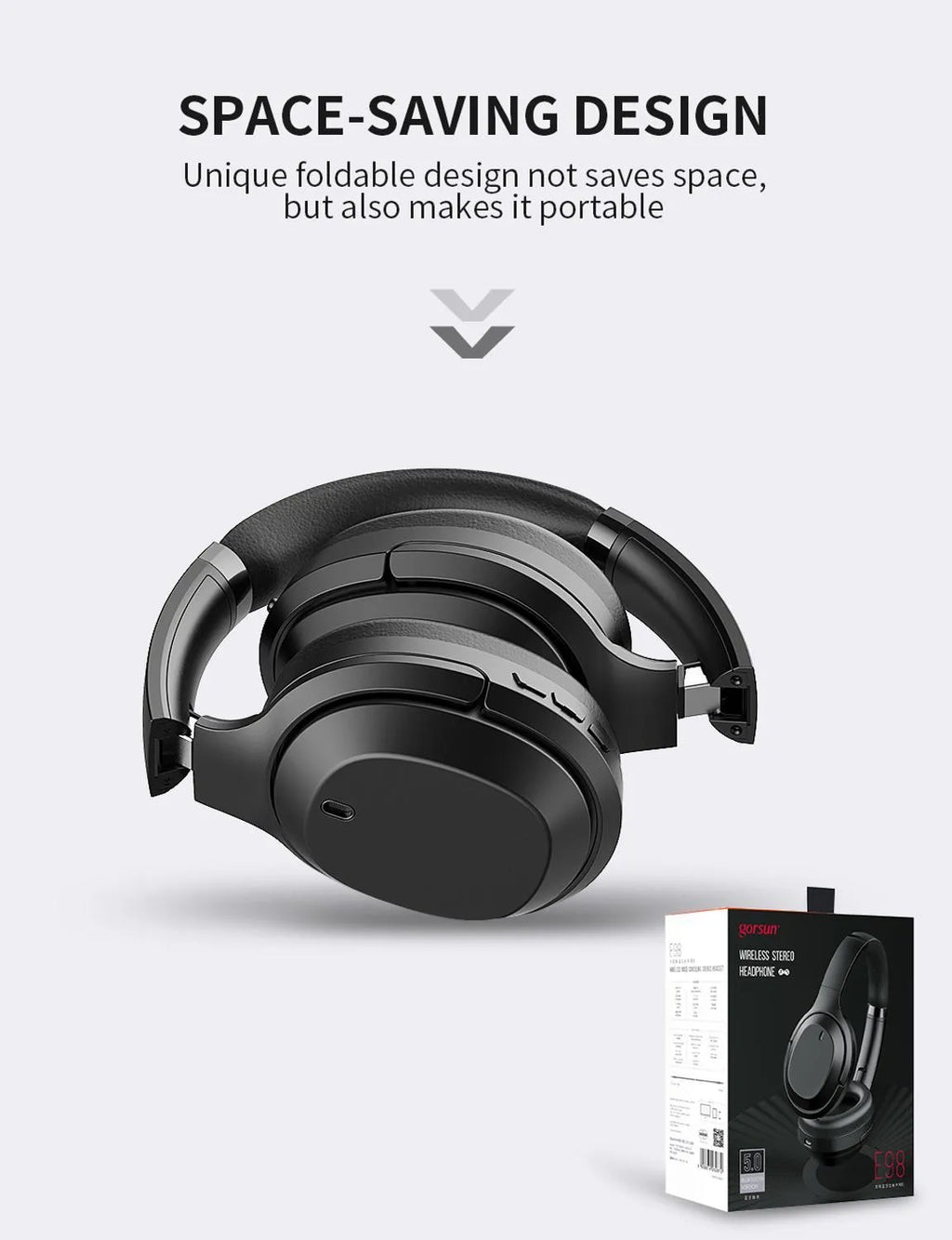 Black Gorsun E98 over-ear wireless Bluetooth headphones with padded headband.