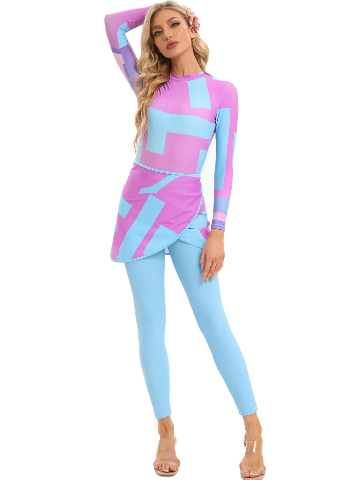Muslim conservative beach swimsuit three-piece set with apron in polyester fabric