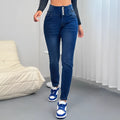 Dark blue cotton denim women's straight-leg trousers with breasted front and skinny fit