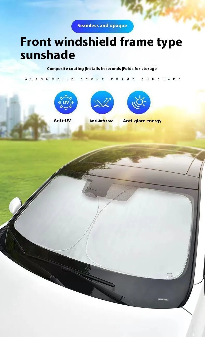 Universal fit aluminium foil car windscreen sunshade showing titanium silver reflective surface.