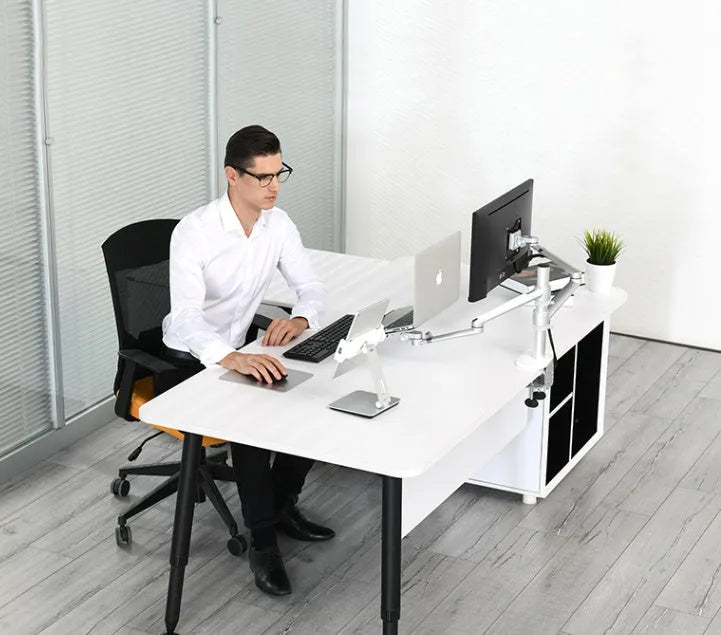 Black folding phone tablet holder with 360° rotating head on desktop