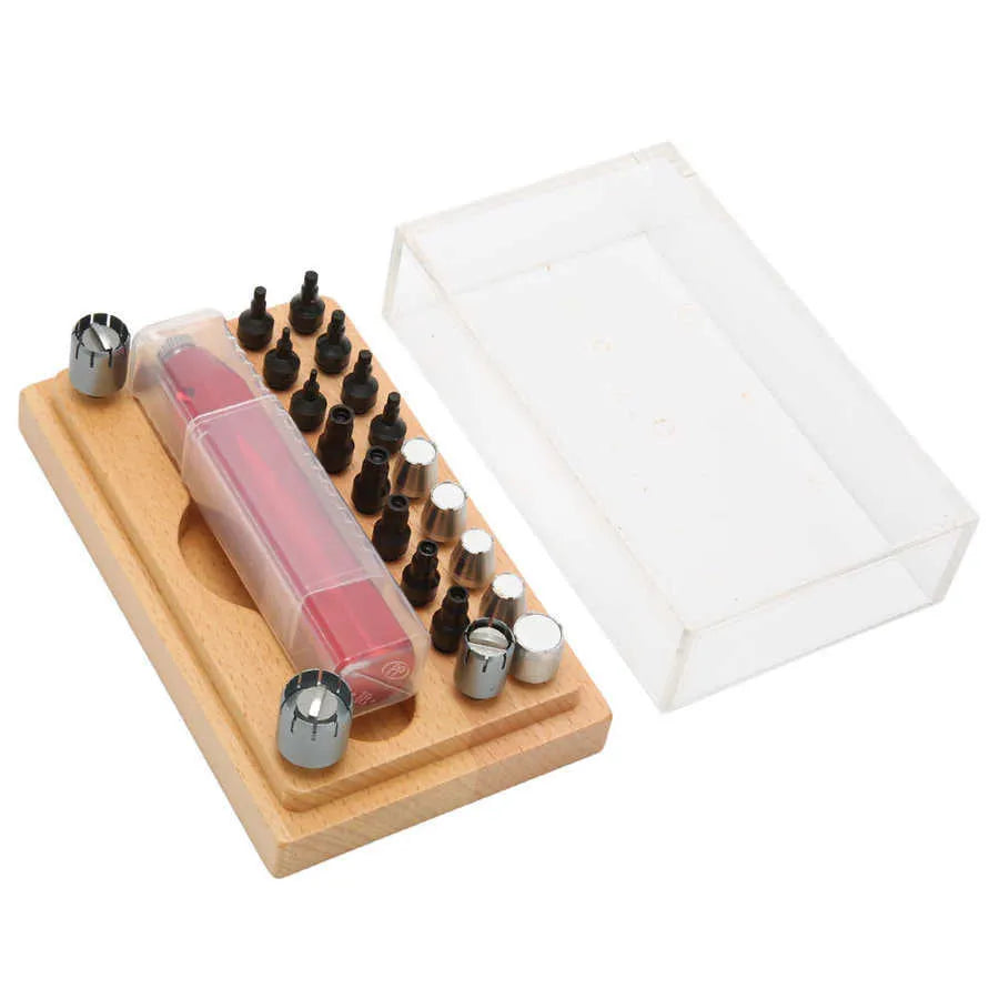 Steel watch repair tool kit with 20 pieces for opening cases and extracting tubes.