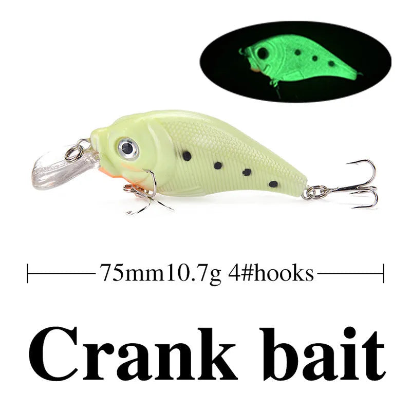 Set of five 3D fluorescent simulation hard bait fishing lures with submerged luminous design
