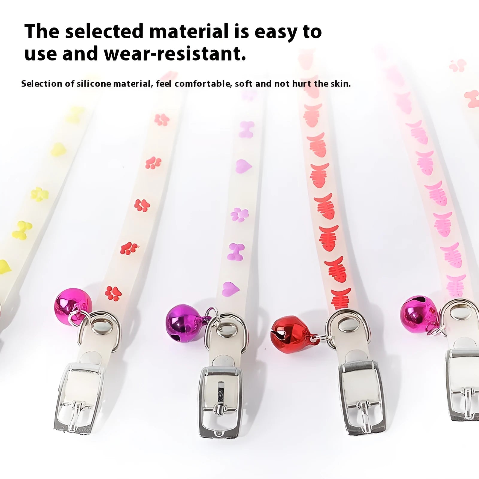 Cat luminous collar with night glow feature showing adjustable silicone chain and metal bell attachment