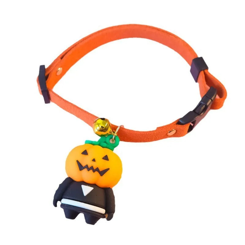 Halloween pet collar decoration in polyester showing cartoon patterns of Pumpkin Man, luminous brat, and luminous skull with four size options.