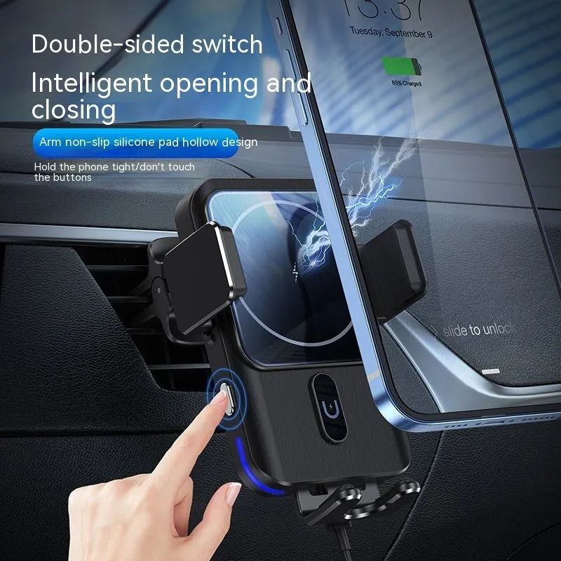 Black car wireless phone charger holder shown with clip and suction cup mounting options.