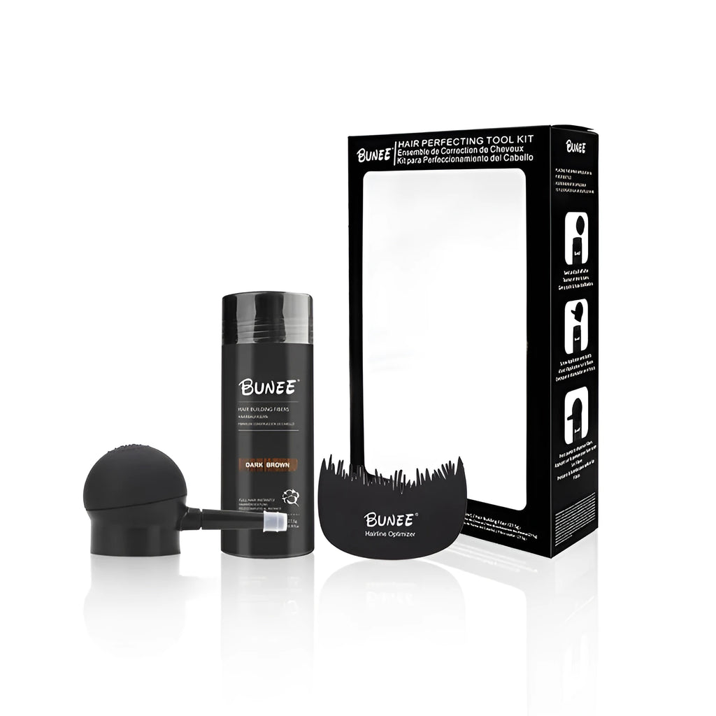 Boxed three-piece hair fibre powder set with spray applicator and comb for thinning hair.