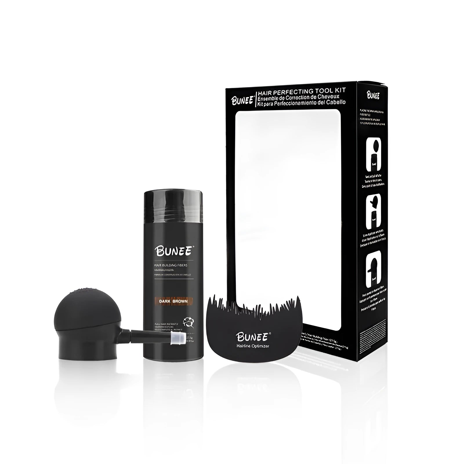 Boxed three-piece hair fibre powder set with spray applicator and comb for thinning hair.
