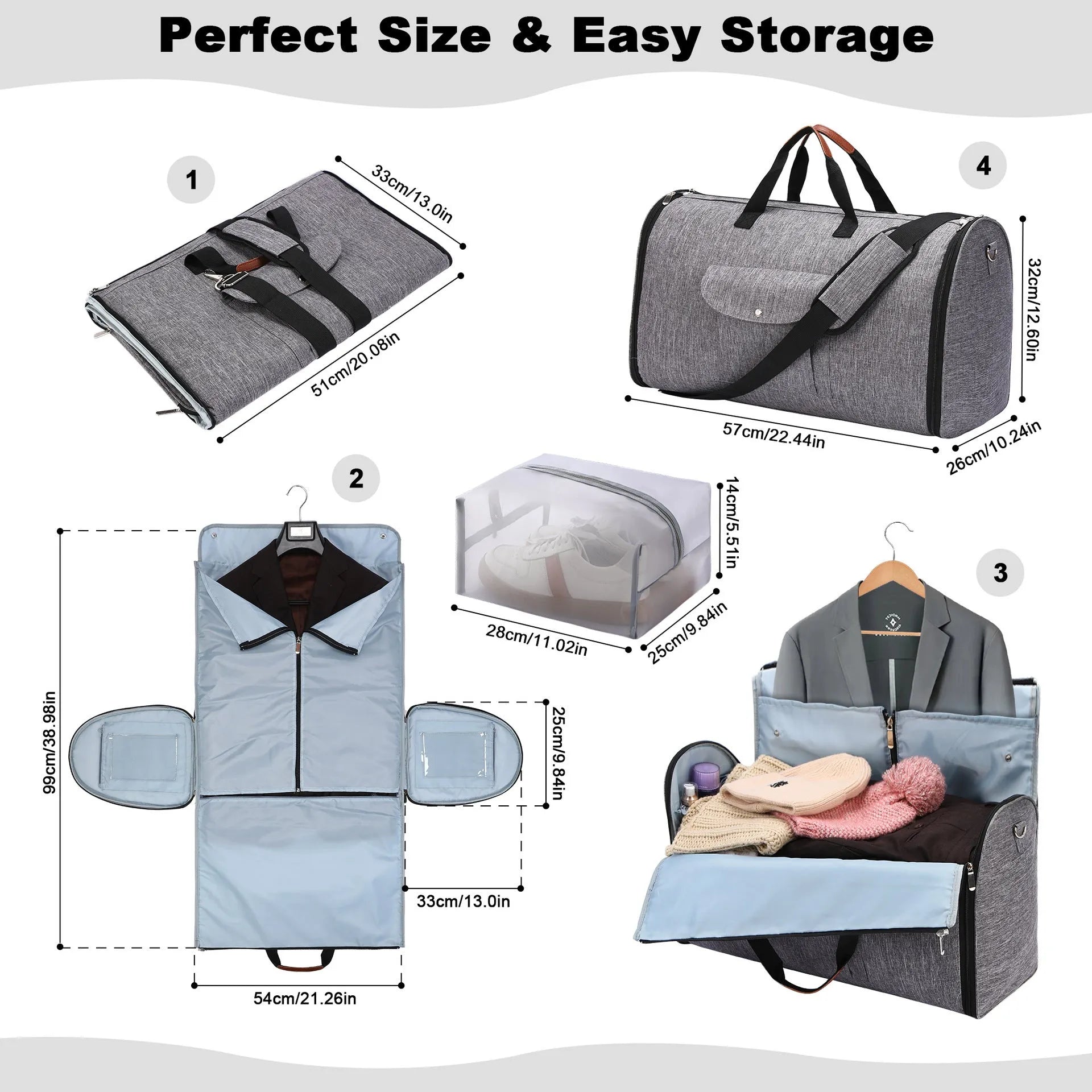 Folding dark blue oxford cloth duffel bag with handles, shown in travel setting.