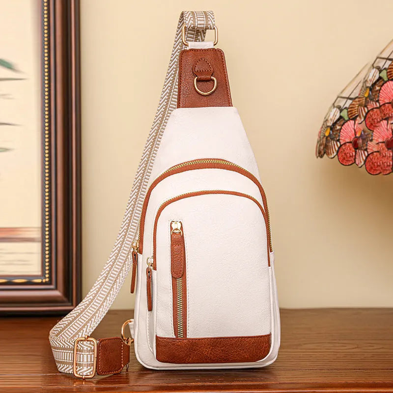 Women's soft PU leather chest messenger bag with zip compartments in beige colour