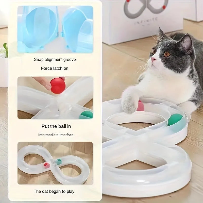 Blue and white cat interactive toy with turntable track ball and teasing stick on flat surface