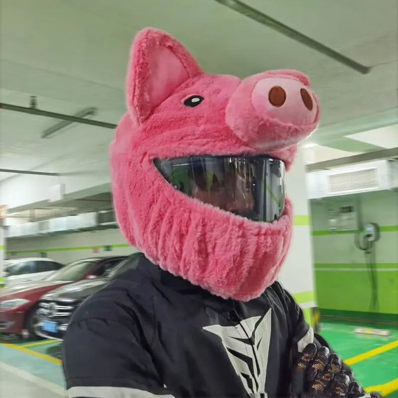 Pink cartoon pig design plush hood for motorcycle helmet comfort.