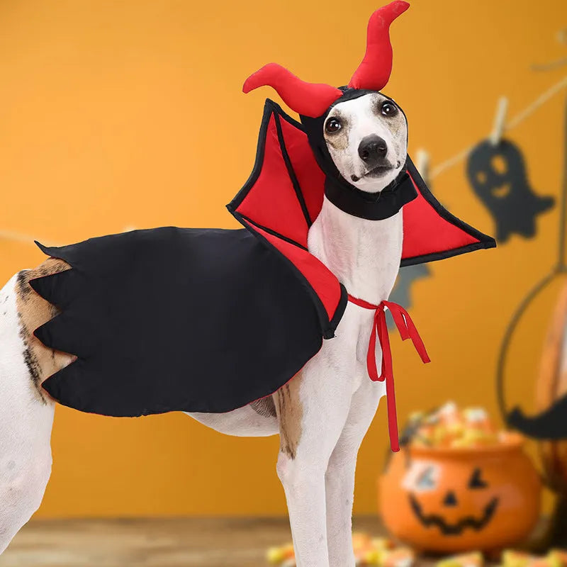Black polyester pet vampire costume with cloak and pointed witch hat for Halloween