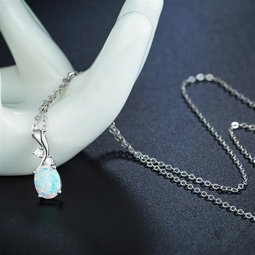 Adjustable water drop opal pendant necklace with alloy chain in rose gold or white finish
