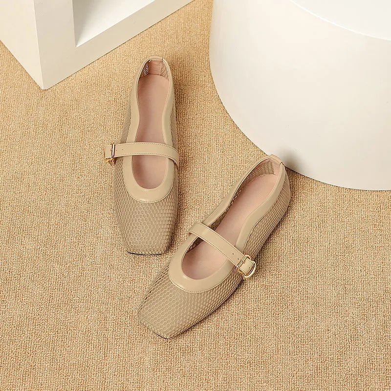 Women's summer mesh pumps with hollow out design, buckle closure, and low flat heel in multiple colour options
