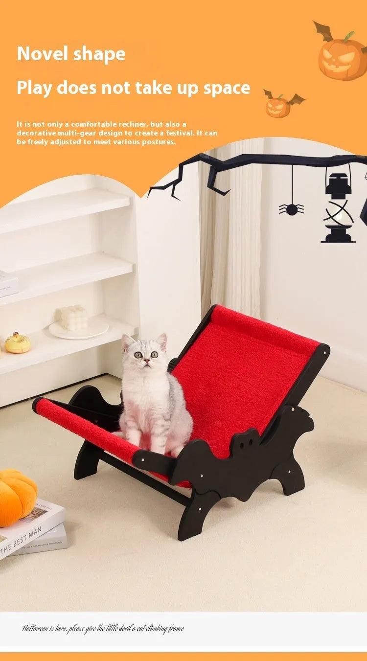 Solid wooden cat lounge chair with bat-wing Halloween design in black and red colours