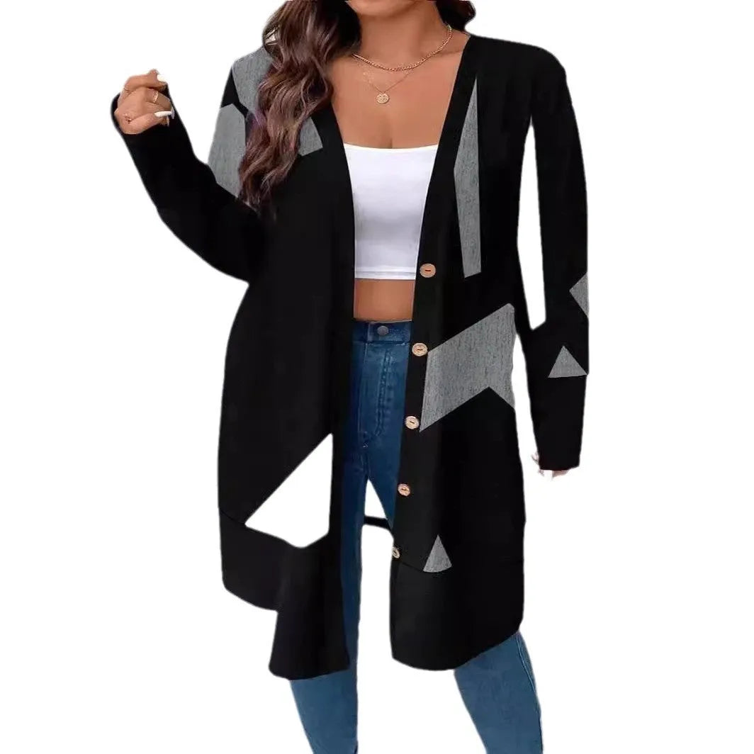 Black plus size casual cardigan with button stitching printing, loose fit regular sleeve design