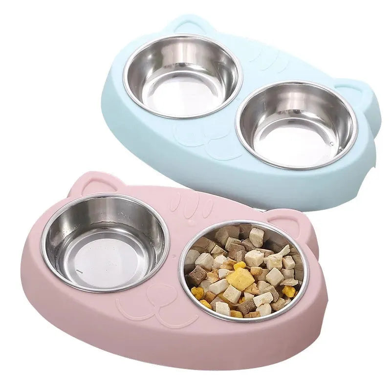 Blue macaron-shaped plastic pet feeder with two bowls for cat or dog food and water