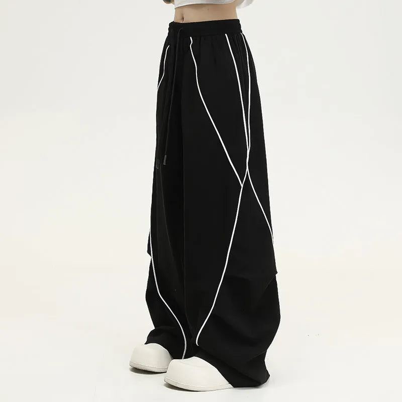 Black wide-leg pleated hip hop sports trousers with striped pattern