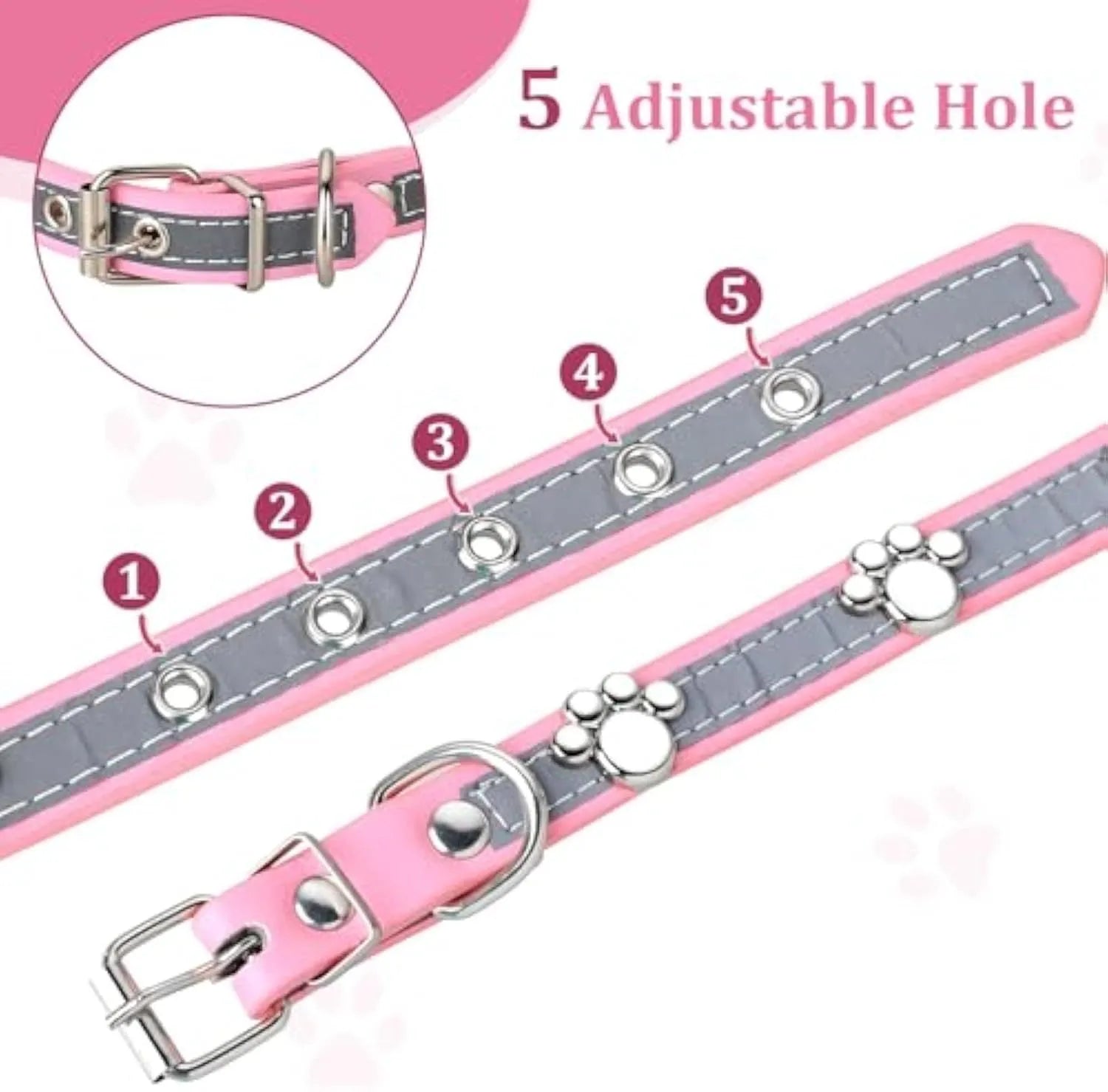 Reflective PU leather dog collar with metal paw rivets and adjustable buckle