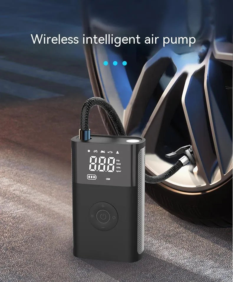 Wireless digital handheld air pump with LCD display and multiple attachments for car and bicycle tyres